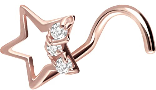 PIERCINGLINE 750er GOLD Nasenpiercing Spirale 18 KARAT STERN mit 3 KRISTALLE Piercing Nase Stecker Roségold