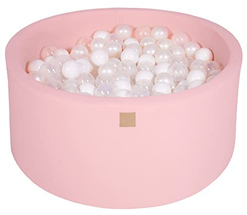 MEOWBABY Bällebad Baby - Rund 90x40cm Baby Pool für Kinder mit 300 Bälle, Baumwolle, Hellrosa: Weiß/Transparent/Perlweiß