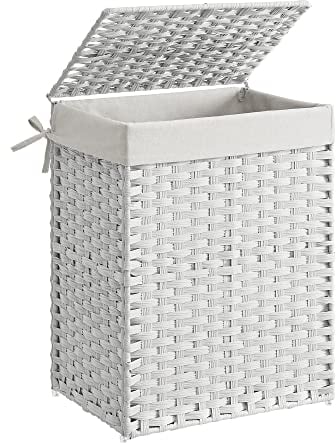 SONGMICS Handwoven Laundry Basket, 90L Synthetic Rattan Clothes Hamper with Lid and Handles, Foldable, Removable Liner Bag, White LCB51WT
