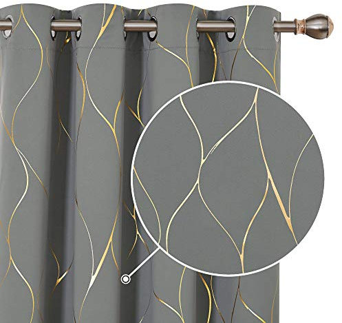 Deconovo Blickdicht Ösenvorhang Fenstervorhang Linie Muster Gardinen Wohnzimmer, 229x132 cm(HöhexBreite), Hellgrau, 2er Set