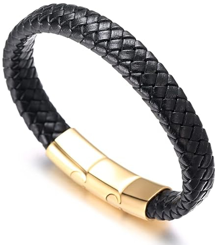 Halukakah Plus ● Solo ● Herren-Armband Handgefertigt | Echtleder in Schwarz | Kreuzgeflecht | Magnetverschluss aus Edelstahl in Gold | mit Geschenkbox | Größe Einstellbar 21.5cm-23cm