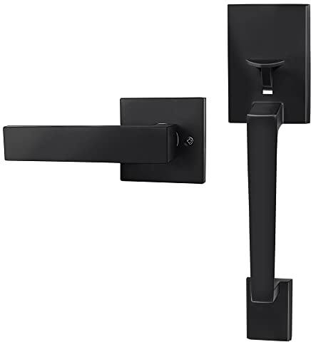 Azdele Matte Black Front Door Handle Set with Reversible Lever - Exterior Door Handle Set for Right or Left Handed Doors, Front Door Handle Matte Black