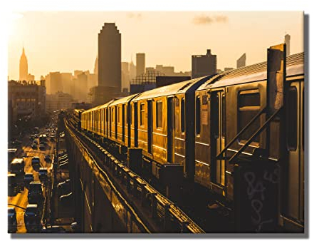 Leinwandbild New York City Gold Panorama | 80 x 60 cm Querformat | Bild Leinwand Wandbild | Skyline Zug Subway Empire State Building | Home Deko | modern Hingucker | Wohnzimmer Schlafzimmer XL groß