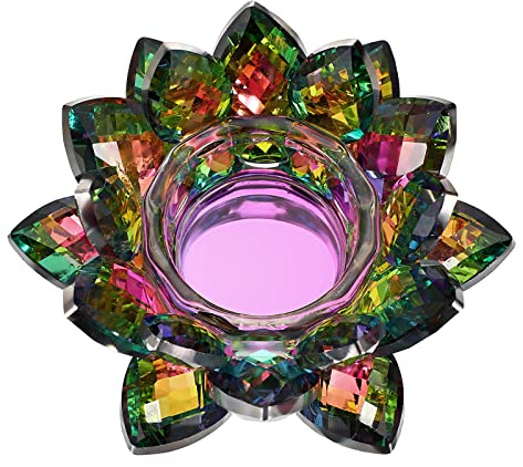 OwnMy Colorful Crystal Lotus Flower Tea Light Holder - Lotus Petals Votive Candle Holder Candle Lamp, Glass Flower Tealight Candle Stand for Table Centerpiece Wedding Decors