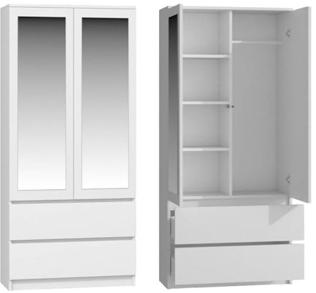 WHATSIZE ENTERPRISE - Modern Double Wardrobe with Drawers - 2 Door Cupboard Contemporary Bedroom Furniture with Mirrors - White