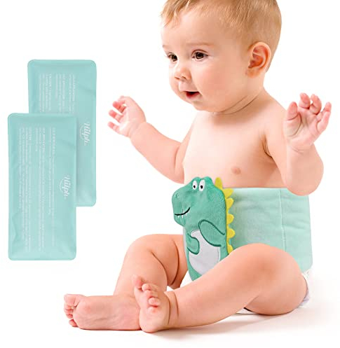 Hilph Baby Colic Relief Belt with 2 Ice & Heat Packs - Adjustable Tummy Wrap for Gas, Reflux & Upset Stomach - Soothing Warmth & Cooling Pad for Newborns & Infants (Dinosaur Design)