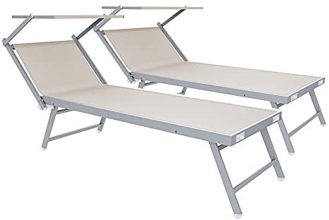 Lettini Prendisole Pieghevole Professionale Alluminio Tessuto Textilene 720 gr/m² Tettuccio Orientabile Parasole Sdraio Prendi Sole Mare Spiaggia Piscina 182 x 60 x 38 cm (2, Beige)