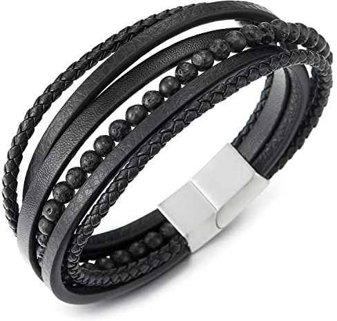 COOLSTEELANDBEYOND Multi-Brin Pierres Perle Chaîne Noir Tressé en Cuir Bracelet - Envelopper Bracelet - Acier