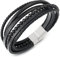 COOLSTEELANDBEYOND Multi-Strang Armband Edelsteine Wulst Kette Schwarz Geflochtene Leder Schweißband Edelstahl Magnetverschluss