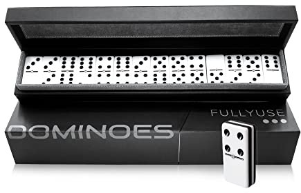 Fullyuse - Juego de dominó de Lujo para Adultos - Doble Seis Dominó Profesional con Estuche de Semi-Cuero, Piedras clásicas en Blanco y Negro de acrílicos tamaño Jumbo (4 Capas)