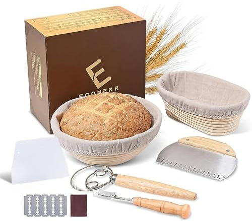 ECOMERR Banneton Brotgärkorb – Set mit 2 Rattan-Sauerteig-Brotkörben mit 22,9 cm runden, 22,9 cm ovalen Gärkorb, Lame mit 5 Klingen, Stahlteigschaber, Teigbesen, Kunststoff-Teigschaber