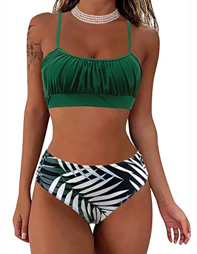 Conjunto de Bikini de Talle Alto para Mujer Tirantes Ajustables Bandeau Ruched Top Traje de baño Plisado Parte Inferior Elegante Ruched Mujer Bañador de Dos Piezas(Verde/Hoja,M)