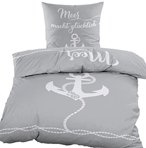 KH-Haushaltshandel 2-TLG. Baumwoll Renforce Bettwäsche 135x200 + 80x80cm grau weiß, Anker/Meer, maritim (40406)