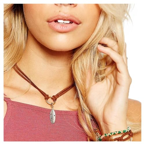 Cimenexe Bohème Feder Anhänger Halskette Braun Wildleder Halsband Halskette Geschichtet Samt Kragen Halskette Kreis Leder Halsband Halskette Schmuck Für Frauen Und Mädchen