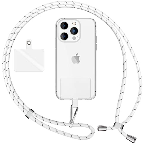 NALIA Bunte Universal-Kette mit Pad, Band für Handy-Hülle zum Umhängen, Karabinerhaken Anhänger Metall, Schlüsselband Umhängeband 160 cm, Crossbody Lanyard mit Schlaufe, Farbe:Weiß Grau