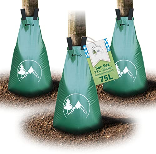 TTL Garden Baum Bewässerungssack 3X 75L - 3er Set 75 Liter Wassersack & Baumbeutel 75 Liter zur Tröpfchenbewässerung für Bäume - 400g/m² PVC robust & UV-stabil - Garten Giesssack Wasserbeutel