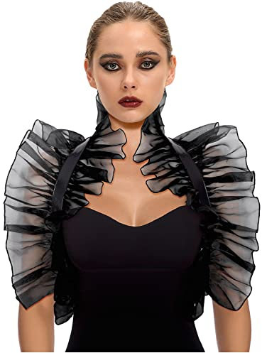keland Maleficent Kostüm Gothic Lolita Chiffon Schultertuch Schulterumhang Bolero Stola Umhang Rüschenkragen mit Punk Leder Gürtel (Schwarz)