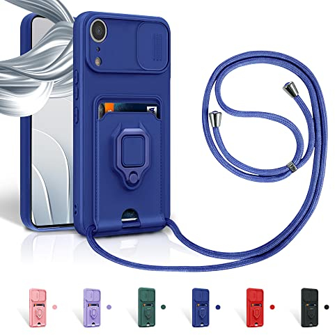 Aithne Cordon de Coque pour iPhone XR,Couvercle Coulissant de la Caméra+Support Annulaire à 360 Degrés,Fentes pour Cartes Lanyard Silicone Case -Bleu