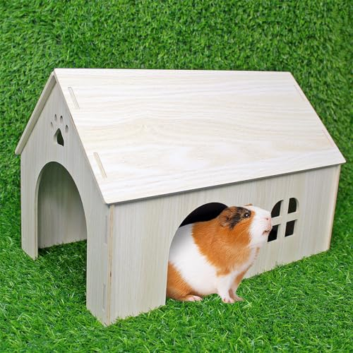 YankMooM Wooden Guinea Pig House,40 x 24 x 26 cm Large Guinea Pig Hideout Wooden Hamster House Baby Rabbit Hideout Small Pet House with Windows for Guinea Pigs Rabbits Chinchillas Hamster
