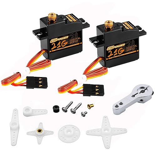 DSPOWER 2PCS 21G Mini Digital Servo, Steering Gear Full Metal Gear Micro RC Servos Motor Kit with 25T Servo Horn for 1/18 1/16 1/14 RC Car Model Boat Fixed-Wing Helicopter Airplane Robot Toy