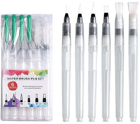 Wassertankpinsel Set 6 Stück Wasserpinsel Stifte, Aquarellstifte Auffüllbare Wassertankpinsel Aquarell Wasserpinsel Aquarell Water Brush Pens für Wasserfarbenmalerei,Farbmischen,Kalligraphie, Zeichnen
