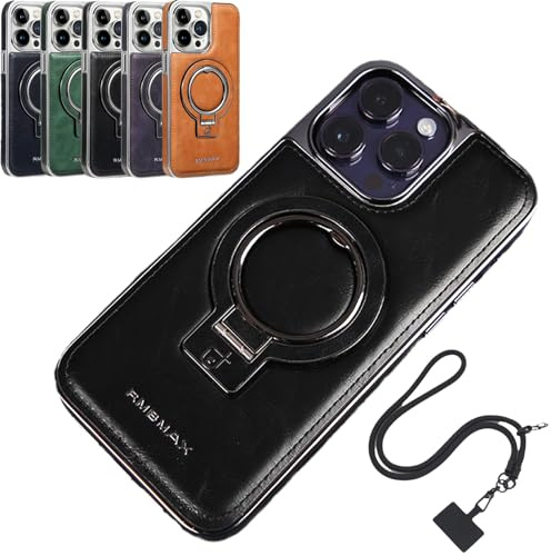 Cemssitu Luxury Leather Invisible Stand Phone Case for iPhone 15/14/13/12 Pro Max with Lanyard (Black,iPhone 13 Pro)
