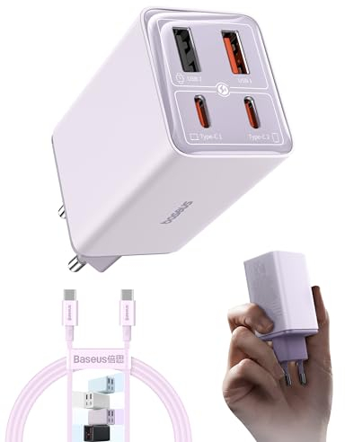 Baseus USB C Netzteil, 65W High-Speed USB C Ladegerät, PD 3.0 und PPS Schnellladeleistung, GaN Charger Kompatibel mit MacBook Pro/Air, Surface, Laptop, iPhone 15-12 Serie, Pixel, Galaxy, iPad(Violett)