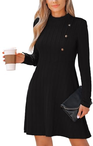 CUPSHE Women's Mini Dress Textured Knit High Neck Long Sleeve Button A Line Casual Dresses Black L