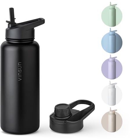 VINSUN Gourde Isotherme 1l - Gourde Inox avec Paille et Ouverture pour Boire - Étanche, sans BPA, Reutilisable - Bouteille d'eau Isotherme pour Sport, Randonnée, École, Bureau