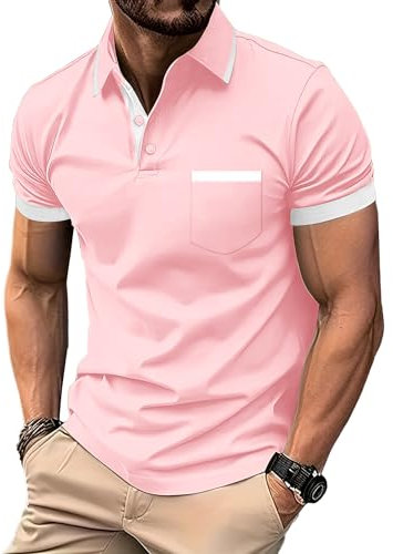 zitysport Polos Homme Manches Courtes Sport Tennis Shirt Respirant Fonctionnel avec Poche Chemises Eté Golf Extérieur Slim Fit Polo Hommes Golf Poche Poitrine Regular Fit Tshirt(Rose-M)