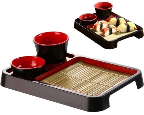 Japanese Soba Noodle Plates with Bamboo Look Drain Mat Lacquered Sushi Serving Trays Set with Small Sauce Dish Dinnerware, Sashimi Plate