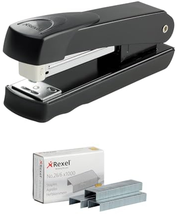 Rexel Set 6 x Heftgerät Meteor Schwarz, Kunststoff, 2100019 + 12 x 1000 Rexel Heftklammern 26/6 verzinkt R06131