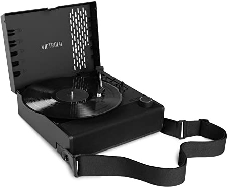 Victrola Revolution GO Tragbarer Bluetooth-Plattenspieler Mit Akku, 12 Std. Laufzeit, 3 Geschwindigkeiten, Riemenantrieb, RCA-Ausgang & 3,5-mm-Kopfhöreranschluss (Schwarz)