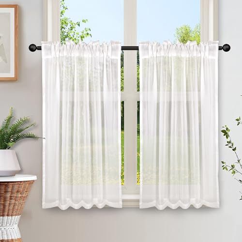 Heveer Cortinas Cortas Semi-Transparentes Visillos Blanca Cortinas de Ventana para Salón Cocina Bistro Casa de Campo 2 Piezas 65x60 cm