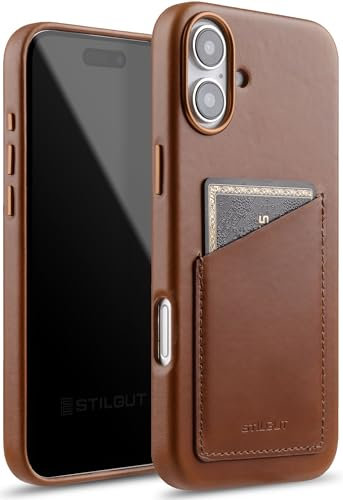 STILGUT Cover kompatibel mit iPhone 16 Hülle mit Kartenfach, Case aus Leder, Kartenhülle - Cognac