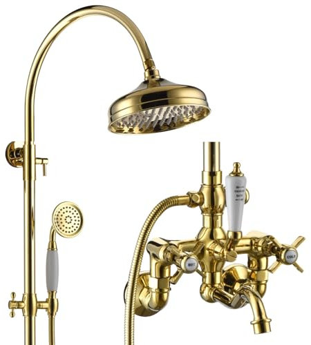 RONMX Duschsystem, BSS0360 Zirkoniumgold Modern Duschset mit Keramikgriff, 8in/200mm Edelstahl Duschkopf, Regendusche mit Armatur, 180° Drehbar Badewannenarmatur, 59A Kupfer, Höhenverstellbar