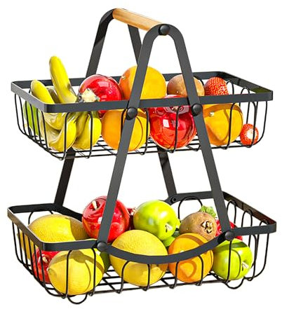 GOLDFOX 2 Tier Countertop Fruit Basket for Kitchen, Portable Modern Fruit Storage Rack, Detachable Black Metal Fruit basket bowl Holder with Handle for Fruit, Vegetables, Snacks in Home and Kitchen