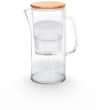 Lauben 32GW Wasserfilter Kanne Glas, Filterkanne Gesamtvolumen 3,2l, Borosilikatglas, Wasserfilter-Kartusche enthalten, antibakterieller Deckel aus Bambus, kein Plastik-Nachgeschmack im Was
