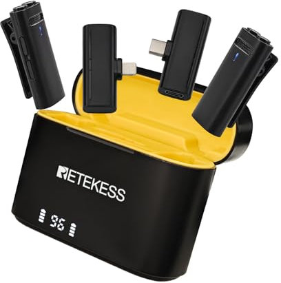 Retekess TG103 Microfono Wireless Lavalier, Lapel Mic Riduzione Intelligente del Rumore DSP con custodia di ricarica da 40 ore, 20 M, Registrazione, Monitoraggio delle cuffie, per Live Intervista Vlog