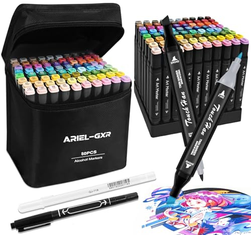 ariel-gxr 80+2 Farben Alcohol Marker, Alkohol Stifte mit zwei Spitzen, Alkoholmarker Stiftes, Filzstifte Dicke und Dünne, Marker Stifte mit Tragetasche, Permanent-Kunstmarker-Set für Malerei, Design