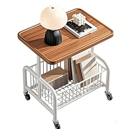 XUDREZ Beistelltisch Rollen, Kontrollierte Stabilität, 43cm Couchtisch Mit Rollen, Beistelltisch Nussbaum Mit Ablagekorb Geeignet für Schlafzimmer, Küche, Salon, Büro, Schule Klein WeißBraun