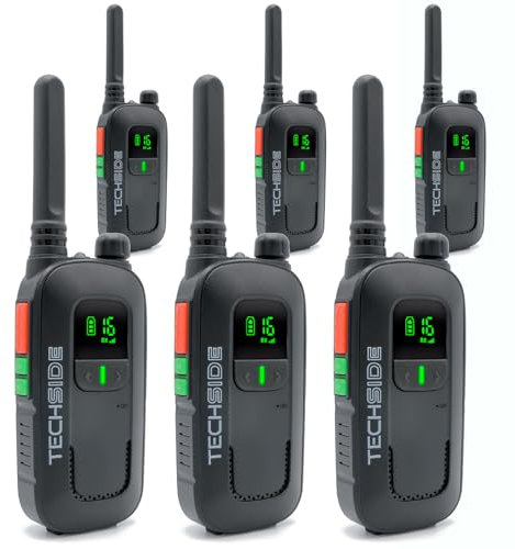Techside TS-T2 Ricetrasmittente Professionale Walkie Talkie 16 Canali PMR446 (Libero Uso) | Vox a 5 Livelli | Scansione Automatica Canali | Auricolare e Caricatore USB Full Optional | Set 6 Pezzi
