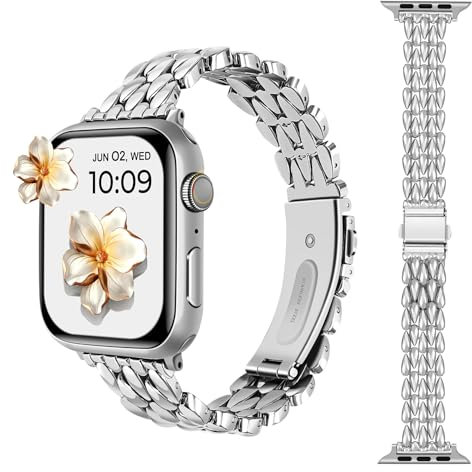 Stainless Steel Straps Compatible with Apple Watch Strap 38mm 40mm 41mm 42mm, Luxury Slim Metal Chain Bands Bracelet Replacement for Women Wristband iWatch Series 10 9 8 7 6 5 4 3 2 1 SE SE2, Silver