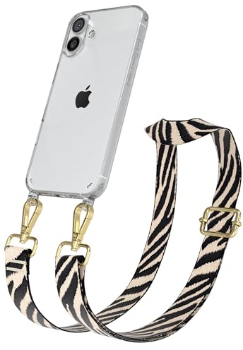 EAZY CASE Handykette - Verstellbares Taschenband kompatibel mit iPhone 16 Plus, Schulterriemen, Handykordel mit Silikon Hülle, Umhängetasche, Zebra - Schwarz Beige Gold