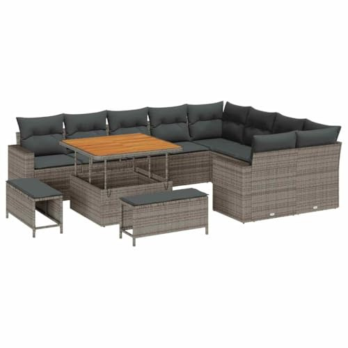 vidaXL 12-teiliges Gartensofa-Set mit dunklen Kissen, Poly-Rattan, Akazie, 3 Essbereich, Outdoor-Möbel für die Terrasse, Frühling, Sommer, Liege, modernes Patio, Lounge, Couch, Korb
