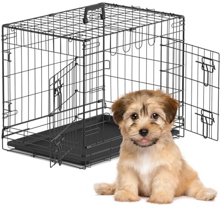 The Fellie Small Dog Crate, Foldable Dog Cage with Double Door, Metal Puppy Crates with Removal Tray, 24 Training Cage for Dogs