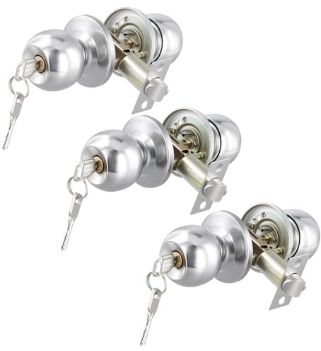 CHUENKUK 3 Stück Türknauf mit Schloss Schlüssel, Kugelknauf Drehbar Haustür Rundes Kugelschloss, Edelstahl Rund Verriegelt Türknauf Drehbar für 45-65 mm Dicke Türen, Silber