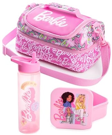 Barbie Sac à lunch rose pour fille avec bouteille et pot à goûter | Ensemble de transport zippé Plus forts ensemble | Bandoulière réglable | Motif dessin animé pour la rentrée