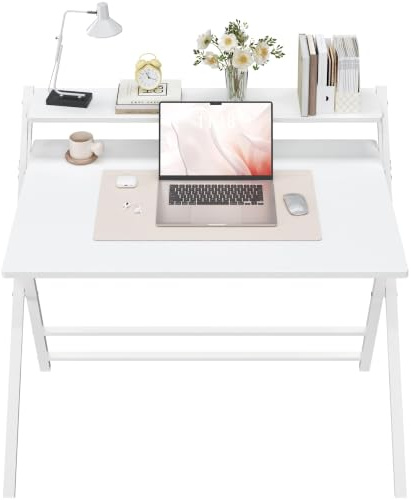 Yaheetech Scrivania Pieghevole per Computer a 2 Livelli 100 cm Tavolo | Pieghevole in Legno Moderno Design Scrivania Salvaspazio Compatto Tavolino con Ripiano per Monitor Bianco/Grande