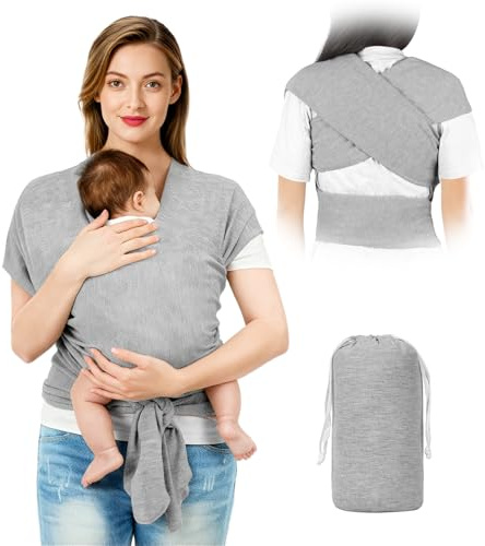 AOOWU Babytrage Tragetuch Baby Neugeborene bis 15 kg - Freihändiges Babytragetuch -Einfach Anzuziehen für Mütter und Väter - Babytrage Multi-Use Babywickel Träger(Hellgrau)